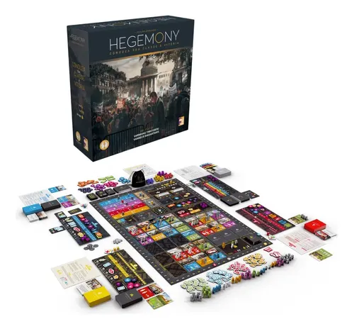 caixa de hegemony e um preview do tabuleiro montado na mesa com componentes.